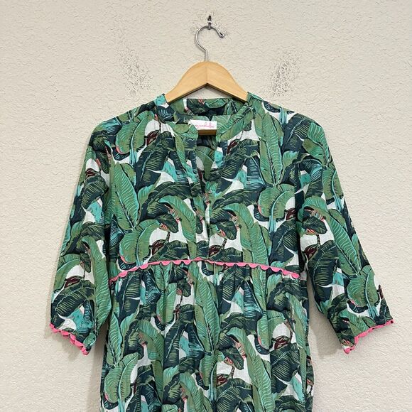 NWOT MARY MARSHMALLOW Tiered Mini Dress Henley in Green Palm Print - Picture 2 of 11